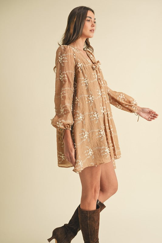 Mocha Embroidered Long Sleeve Mini Dress