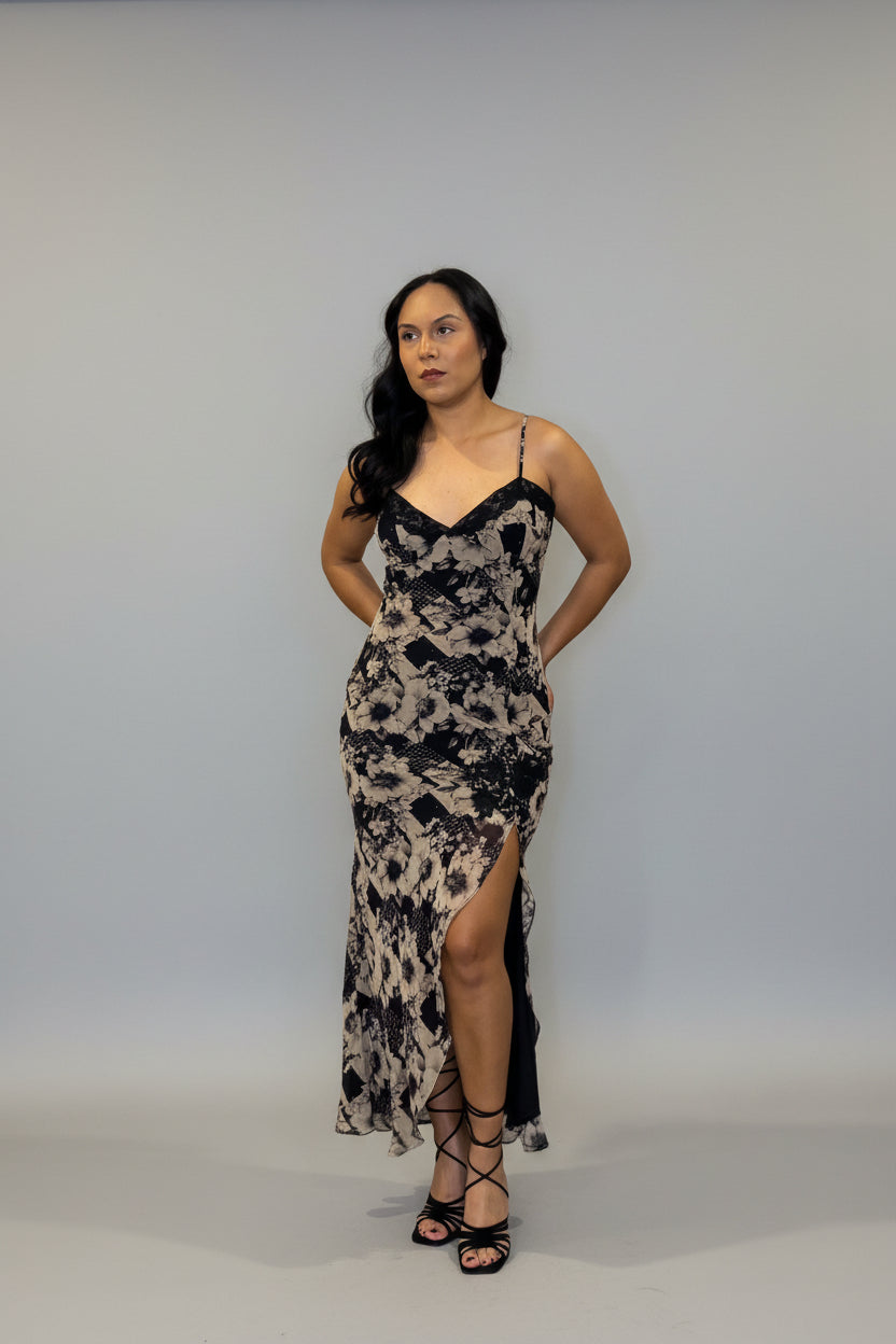 Black Floral Lace Trim Dress