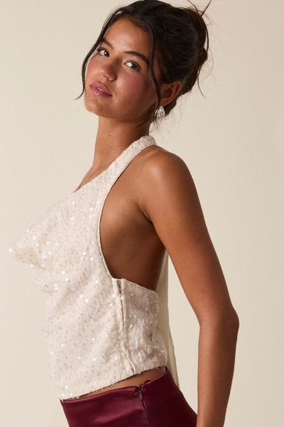 Cream Sequined Halter Top
