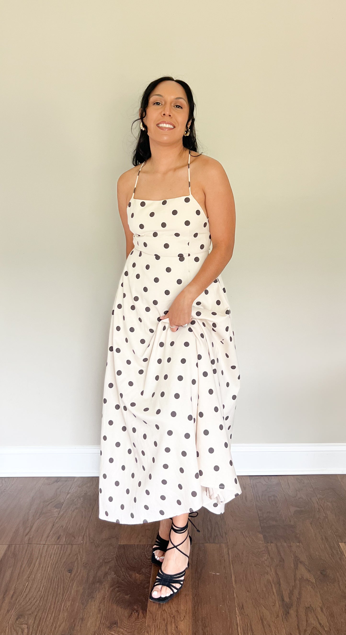 Sofia Polkadot Spaghetti Strap Open Back Midi Dress
