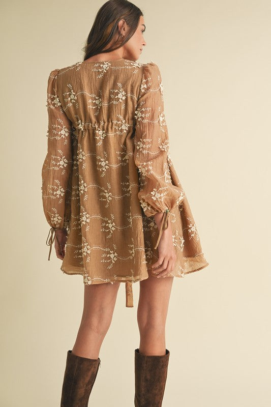 Mocha Embroidered Long Sleeve Mini Dress