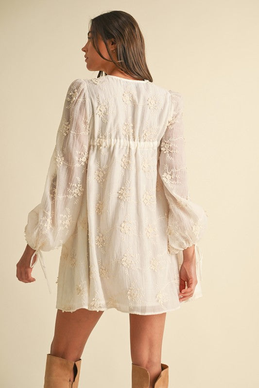 Ivory Embroidered Long Sleeve Mini Dress