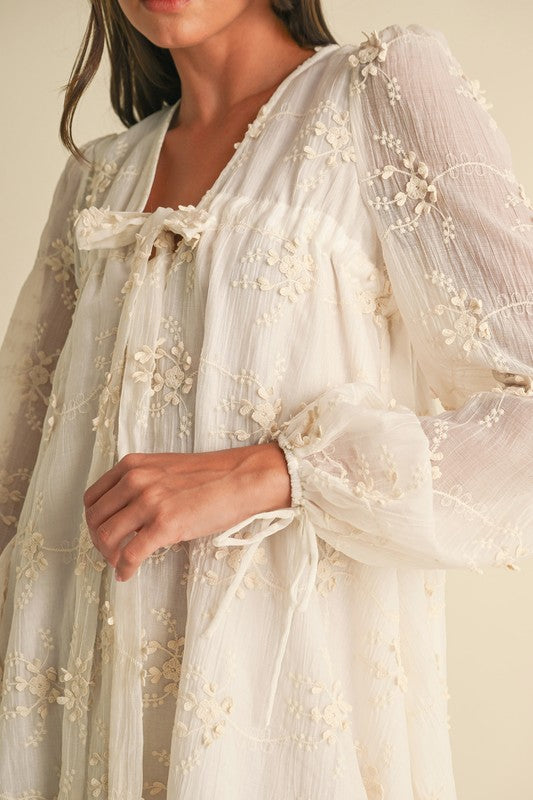 Ivory Embroidered Long Sleeve Mini Dress
