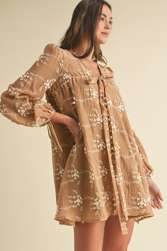 Mocha Embroidered Long Sleeve Mini Dress