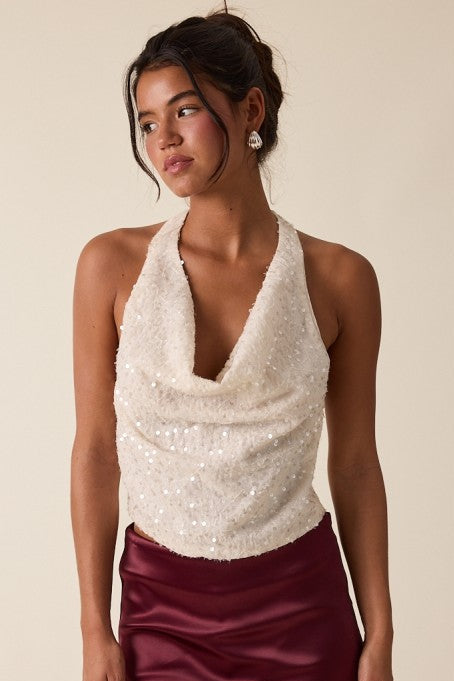 Cream Sequined Halter Top