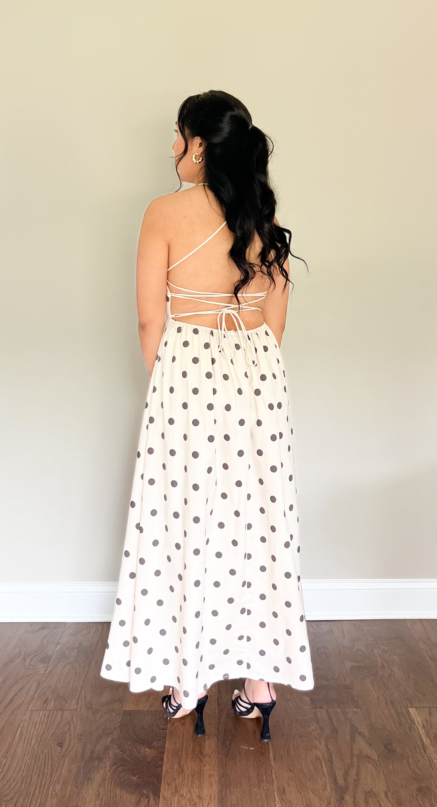Sofia Polkadot Spaghetti Strap Open Back Midi Dress