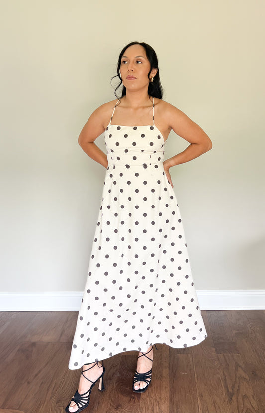 Sofia Polkadot Spaghetti Strap Open Back Midi Dress